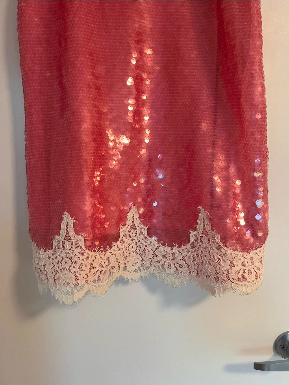 Sequin Slip Mini Dress with Cream Lace Trim in Pink - Picture 4 of 7